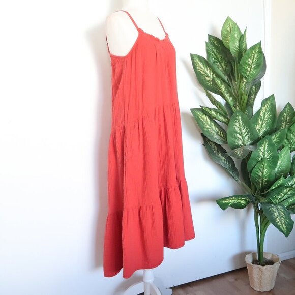 Xirena Cara Red Cotton Gauze Tiered Spaghetti Strap Sleeveless Midi Dress Medium - Picture 10 of 16